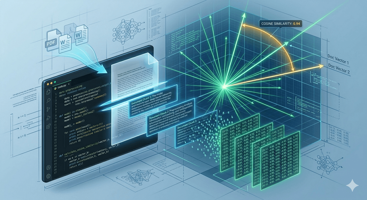 A futuristic, conceptual digital illustration of an advanced data science workspace. In the foreground, a sleek, dark-mode code editor floats, displaying glowing Python syntax. Emerging from the editor, a translucent document is being sliced horizontally into distinct, glowing text "chunks". These text chunks flow toward the center of the image and visually transform into complex, glowing matrices and arrays of floating-point numbers, representing vector embeddings. In the background, a beautiful, 3D geometric grid represents a mathematical vector space, with bright, laser-like lines shooting out from an origin point. Two of these vector lines are highlighted with a glowing, measured arc between them, symbolizing "cosine similarity."